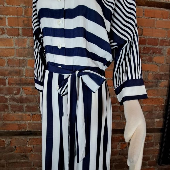 VTG Mollie Parnis Jumpsuit Navy White Stripes Belt Dolman Sleeves 1970s Size S - Picture 2 of 11